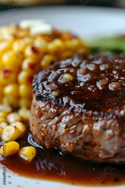 Obraz Sumptuous Demi-Glace Hamburg Steak with Buttery Corn Kernels