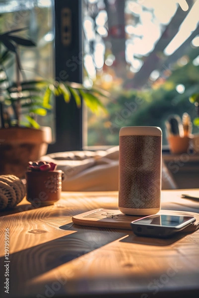 Fototapeta Modern Minimalist Bluetooth Speaker on Wooden Table with Smartphone in Background, Warm Ambient Lighting