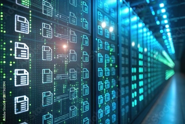 Fototapeta Futuristic data center illuminated by blue and green lights showcasing digital files and advanced technology. Generative AI