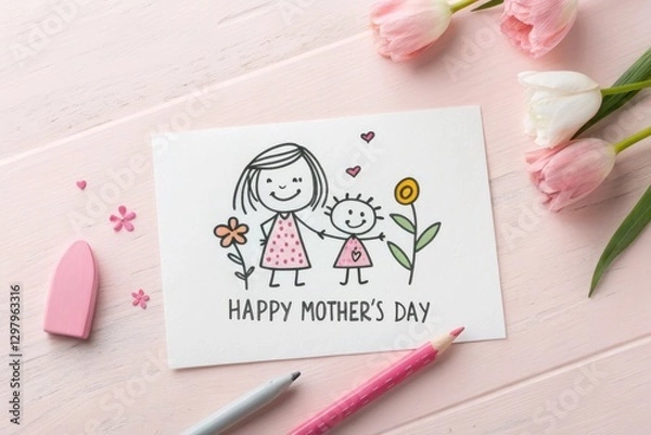 Fototapeta Heartwarming Mother's Day card with cheerful drawings and fresh flowers on a pastel surface. Generative AI
