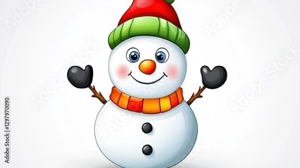 Fototapeta Cheerful Cartoon Snowman with Colorful Accessories in Winter Scene