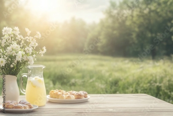 Obraz Sunlit outdoor scene with refreshing lemonade, cookies, and bloo