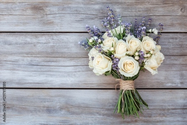 Fototapeta Delicate white roses and lavender create a stunning bouquet on rustic wooden table. Generative AI