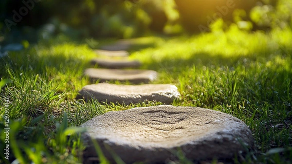 Fototapeta path paved with stones in a green park