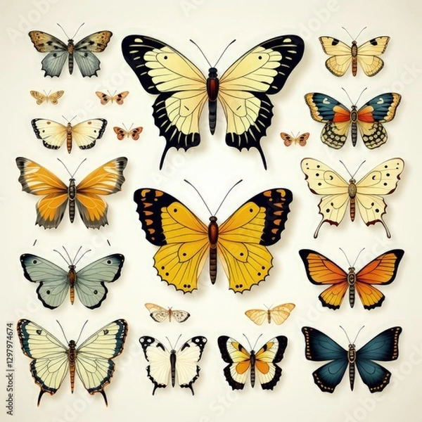 Fototapeta A Collection of Colorful Butterfly Vector Stickers on a White Background