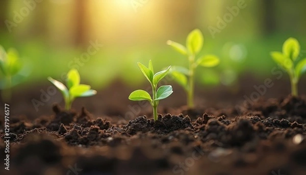 Fototapeta Close-up of young plant sprouts in brown ground. Seedlings sprout on blurred background. Agriculture development, forest conservation concept. Sustainable ecosystem growth, positive future,