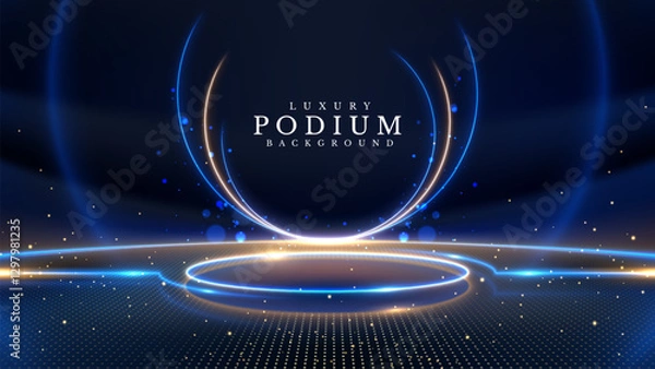 Fototapeta Golden glowing product display stand with blue neon light effect and bokeh on dark stage backdrop, elegant background design concept. Vector illustration.
