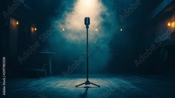 Fototapeta Dramatic Spotlight on a Single Microphone Stand in an Empty Stage Surrounded by Atmospheric Smoke
