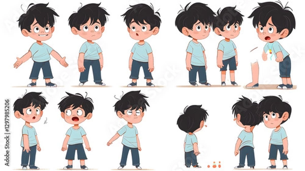 Obraz Cartoon boy character constructor set in different poses, front, back, and side views.