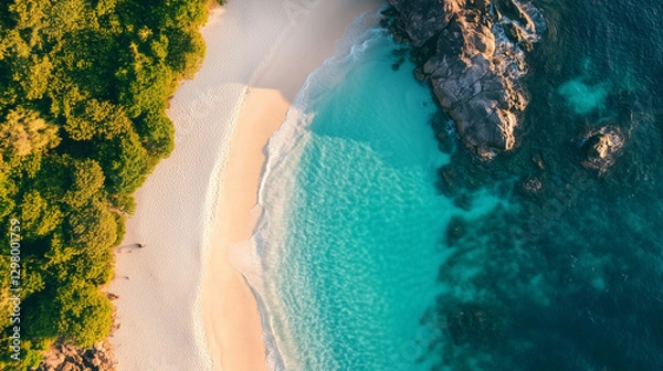 Fototapeta Aerial view of a hidden tropical beach with crystal-clear turquoise waters