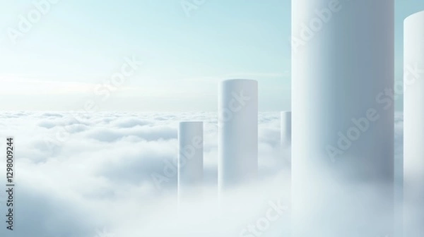 Fototapeta Group of tall white pillars standing in the middle of a vast sky filled with fluffy white clouds. the pillars are tall and slender, and they appear to be floating in the air.