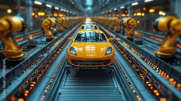 Fototapeta An orange car on an assembly line surrounded by robotic arms, depicting high-tech automation in vehicle manufacturing.