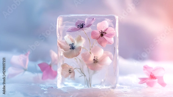 Fototapeta Pretty flowers frozen in an ice cube with soft color tone style background.