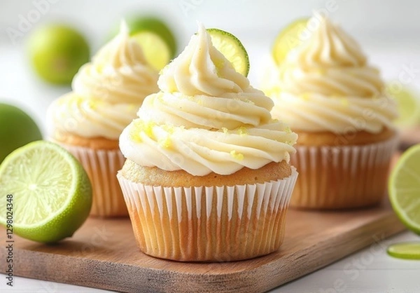 Obraz Delicious lemon lime cupcakes with creamy frosting topped with fresh lime slices on a rustic wooden table, perfect for dessert or party treats