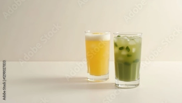 Obraz Cbd Drinks. Two glasses are filled with drinks and ice on table