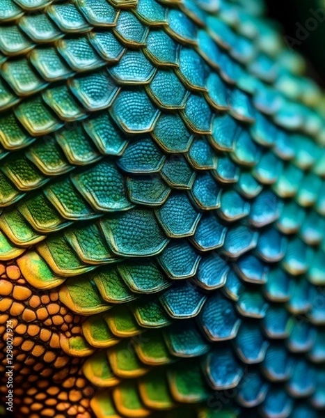 Fototapeta Detailed macro of chameleon skin: hexagonal textured scales with vibrant color blend.  Amazing natural texture and color. Ideal for nature and exotic backgrounds