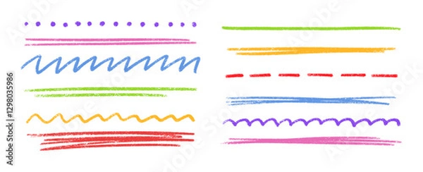 Obraz Colorful crayon divider set - purple dots, pink strokes, blue zigzag, green lines, orange waves, red dashes with chalk textured effect. Hand drawn underline for borders, highlighting or decoration.