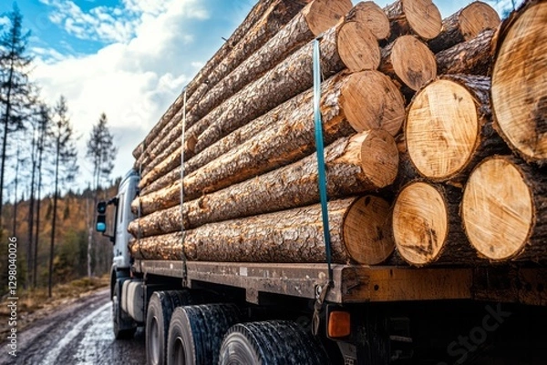 Fototapeta A large truck transporting freshly cut logs from a sustainable forestry site. The neatly stacked logs are secured with heavy straps.