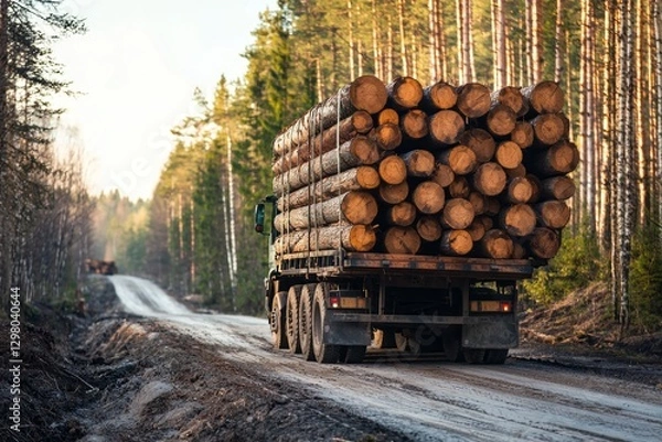 Fototapeta A large truck transporting freshly cut logs from a sustainable forestry site. The neatly stacked logs are secured with heavy straps.