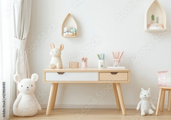 Fototapeta Pastel Nursery Room Interior Design with Wooden Furniture and Plush Toys