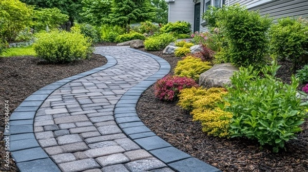 Fototapeta Winding paver walkway through landscaped backyard