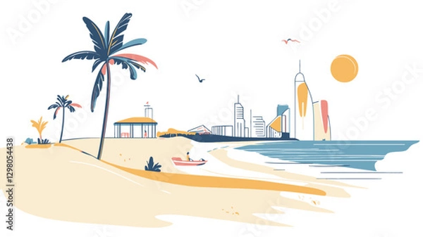 Obraz A stylized illustration depicting a tropical beach scene with palm trees in the foreground, a sandy shore, and a city skyline in the background. The style is minimalist with muted, pastel colors.