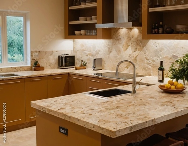 Fototapeta Light home kitchen interior with stone island, sink and cooking cabinet