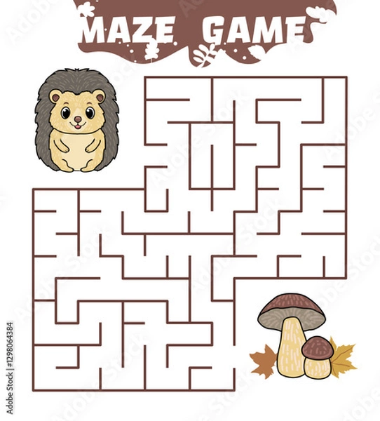 Fototapeta Children's maze game with cartoon hedgehog and mushrooms.