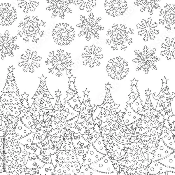 Obraz Vector hand drawn snowflakes, Christmas tree illustration for adult coloring book. Freehand sketch for adult anti stress coloring book page with doodle and zentangle elements.