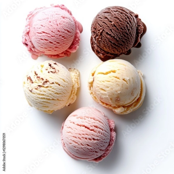 Obraz Five scoops of colorful ice cream in various flavors including strawberry, vanilla, chocolate, and more arranged on a white background