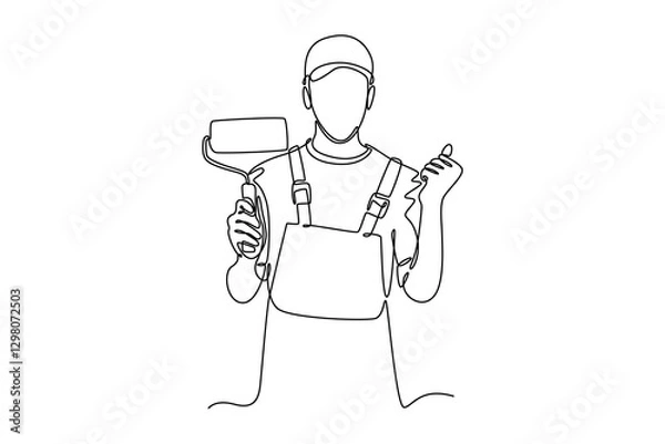 Fototapeta Single continuous line drawing handyman wearing building construction uniform while holding paint roller. Home painted wall renovation service. Dynamic one line draw graphic design vector illustration