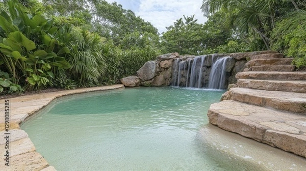 Obraz Enchanting hidden waterfall oasis with turquoise pool, smooth stones, and lush greenery, offering a serene escape surrounded by nature.