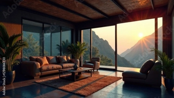 Fototapeta A futuristic container house with glass walls, atmospheric lighting inside, the interior of the living room is visible, many details, windows on the walls