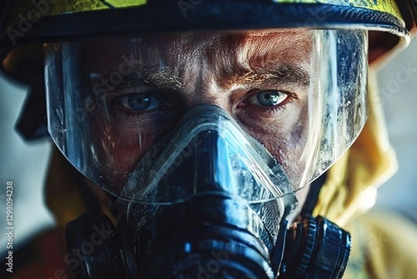 Fototapeta A firefighter wearing protective gear, checking oxygen levels on his mask. His eyes are focused as he prepares to enter the danger zone.
