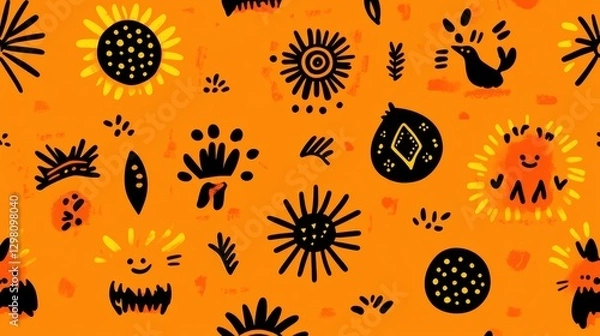Fototapeta Vibrant Orange And Black Geometric Sunflower Pattern Seamless Texture Hand Drawn Illustration Bright Bold Floral Design Summer Autumn Nature Artistic