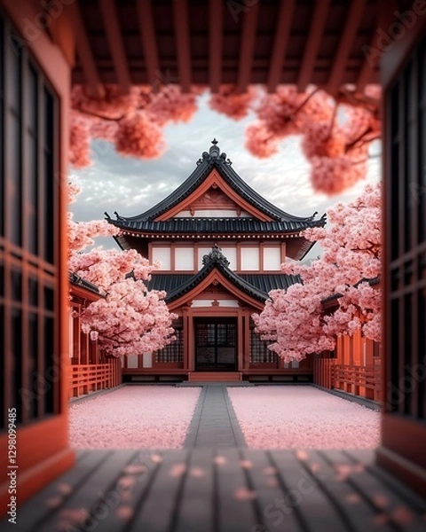 Obraz Blossom-framed view of temple; petals fall onto courtyard; architecture photo for travel, culture, and zen design