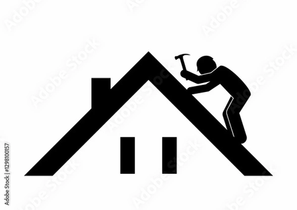 Fototapeta Roofer, worker on the roof with a hammer in his hand, black symbol, icon, vector