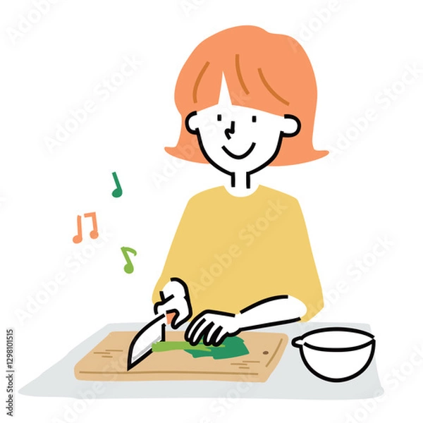 Fototapeta 包丁で野菜を切る女性のイラスト