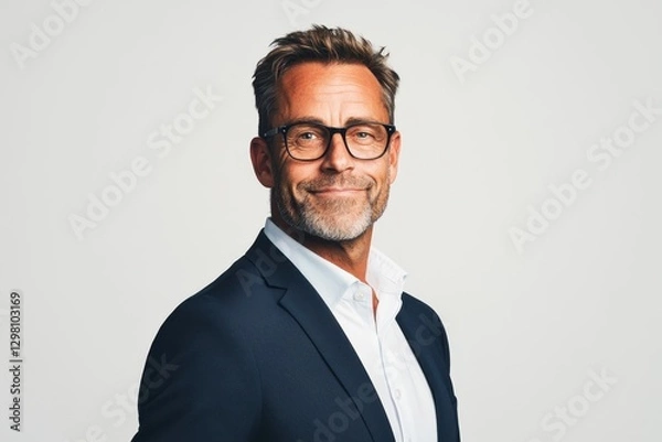 Obraz Professional man smiling in smart attire with glasses against a plain background