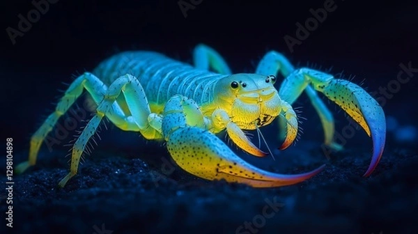 Fototapeta Deadly Bark Scorpion illuminated under ultraviolet light its translucent exoskeleton glowing eerily in the dark pincers raised and venomous stinger curled over its back poised to strike