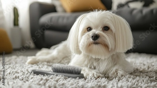Fototapeta Cute Maltese dog with a grooming brush on the carpet at home