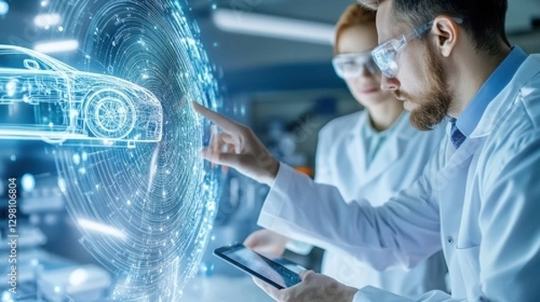 Obraz Scientists Discussing 3D Car Model In Lab Setting