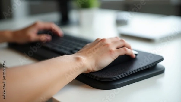 Fototapeta Wrist Rest. Person is typing on black keyboard on white desk
