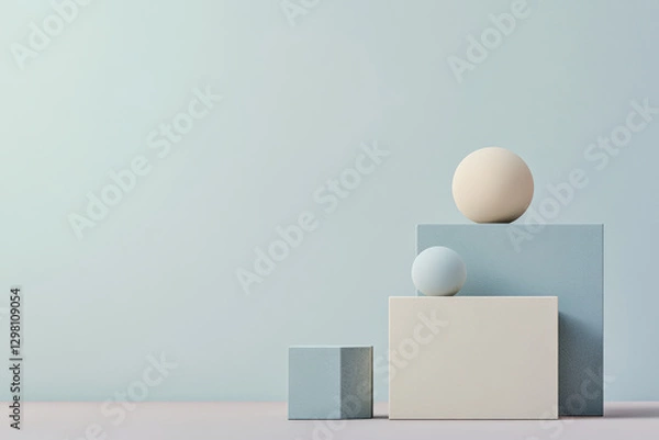 Fototapeta Minimalist geometric composition with spheres and cubes in soft pastel tones, modern abstract design, clean aesthetic, AI-generated.
