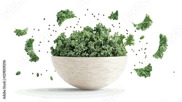 Obraz A studio shot against a white background shows a spherical off-white bowl containing a bunch of fresh, dark green kale.  Several pieces of kale are shown levitating around the bowl, along with