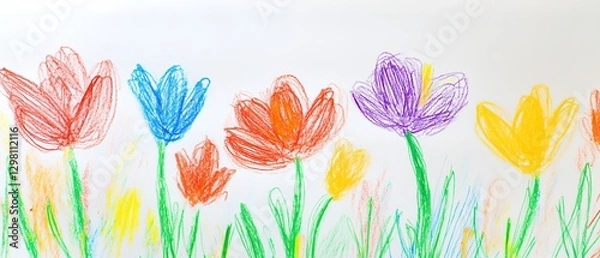 Obraz flower crayon kid pastel spring background painting hand chalk grass pencil art childish vector pattern plant cute wax border doodle color garden sketch draw nature illustration drawn frame green