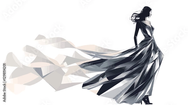 Fototapeta The image is a stylized illustration or drawing of a woman in a long, flowing gown.  The style is monochrome, using shades of gray and white. The gown has a dramatic, flowing design, suggesting