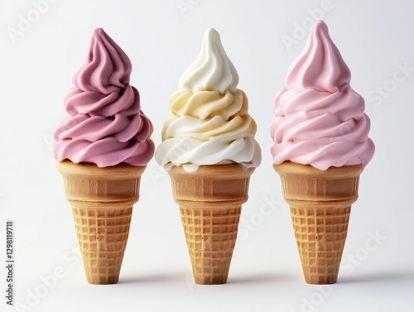 Fototapeta Three Delicious Soft Serve Ice Cream Cones in Various Flavors on a Bright Background for Summertime Treats and Desserts in a Colorful Display