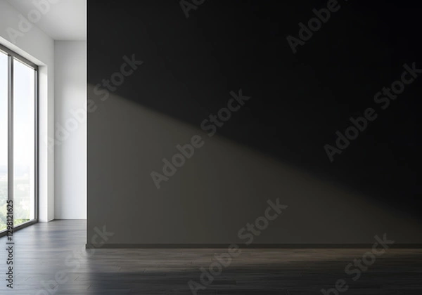 Fototapeta Empty black office wall Mockup. Blank modern dark interior softly lighted by a large window.