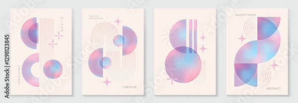 Fototapeta Modern gradient poster background vector set. Minimalist cover template with vibrant perspective geometric prism shapes. Ideal design for social media, cover, banner, flyer.